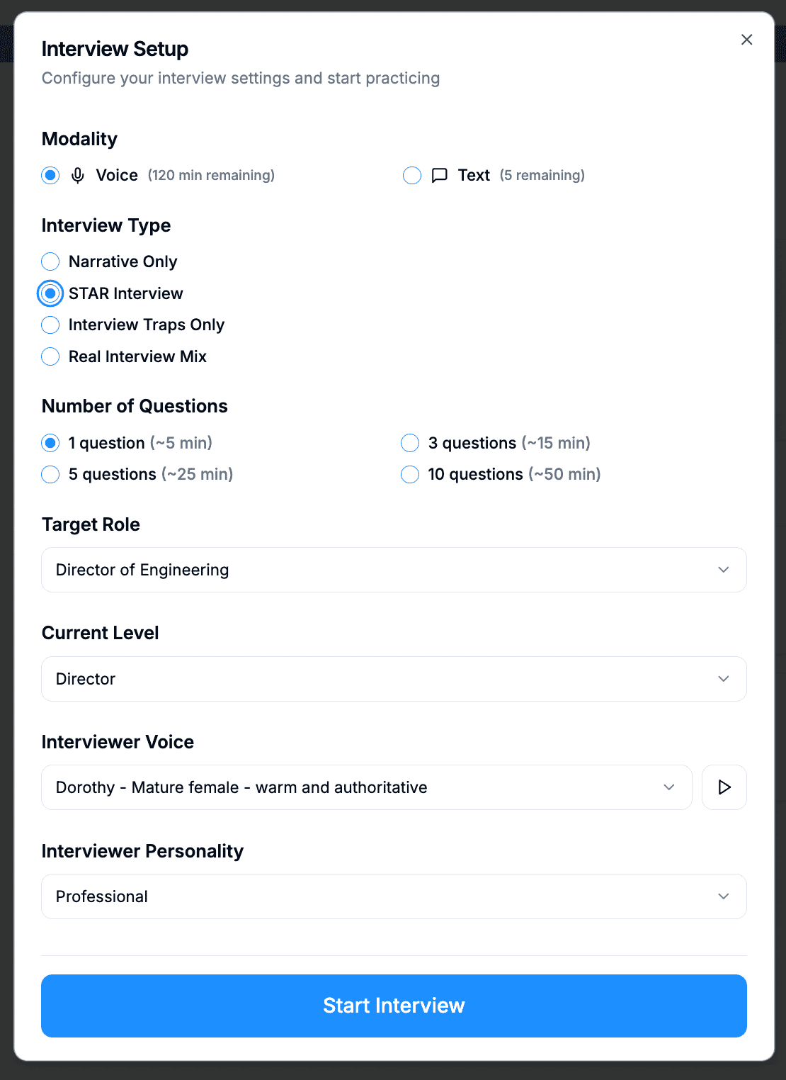 Interview setup modal to configure mock interviews